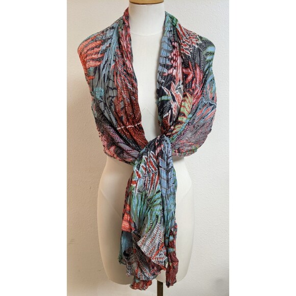 RIU Paris Women's Rectangular Multicolored Leaf Print Cotton Crinkle Long Scarf - Picture 2 of 8